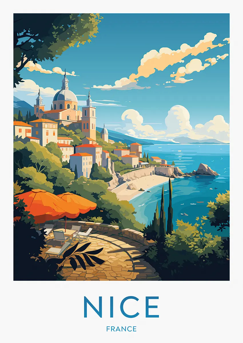nice france coast view travel poster with sea and domes