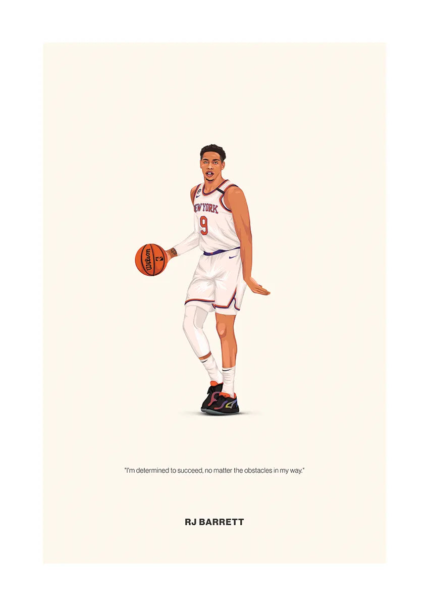 RJ Barrett poster in Knicks uniform with motivational quote