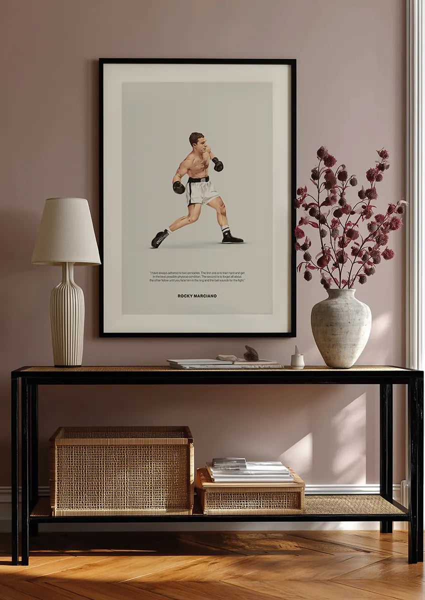 Motivational fighter wall art of Rocky Marciano with quote about discipline