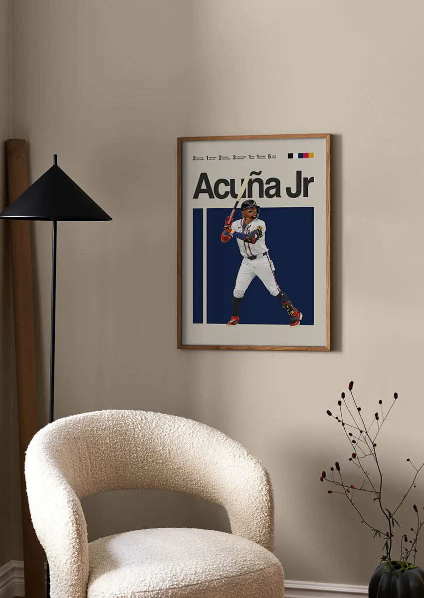 Modern baseball wall art of Ronald Acuña Jr mid-swing