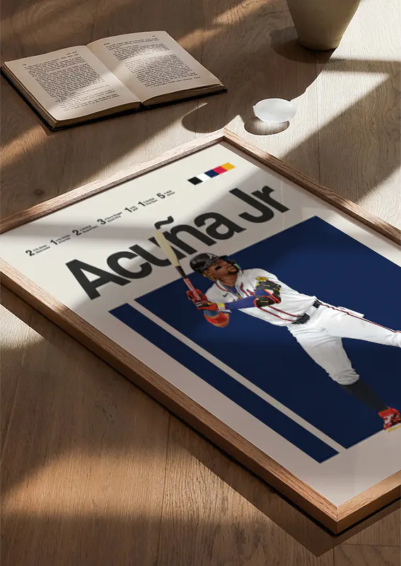 Bold sports artwork of Ronald Acuña Jr with navy background