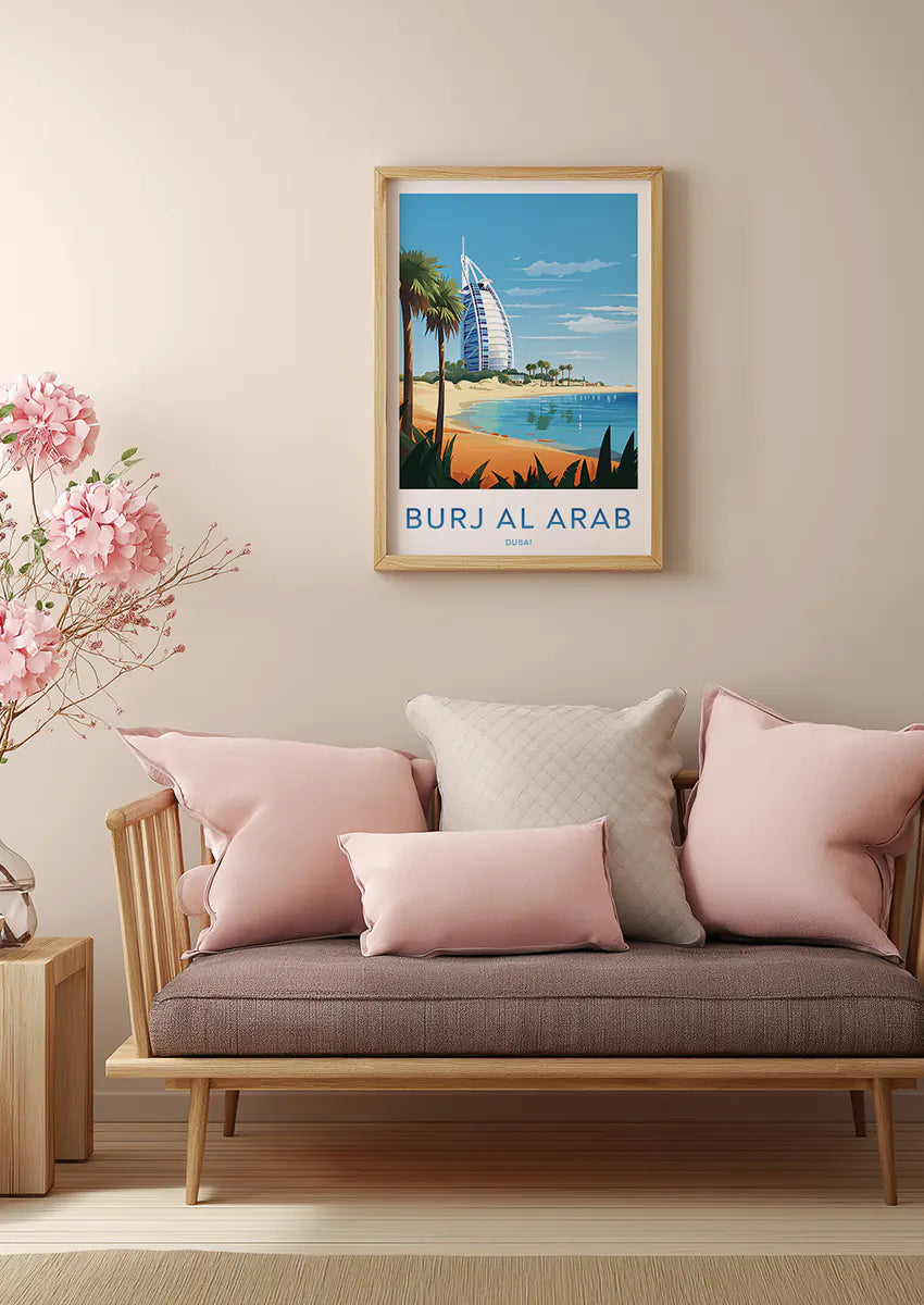 Modern architecture poster featuring Burj Al Arab and palm-lined coastline