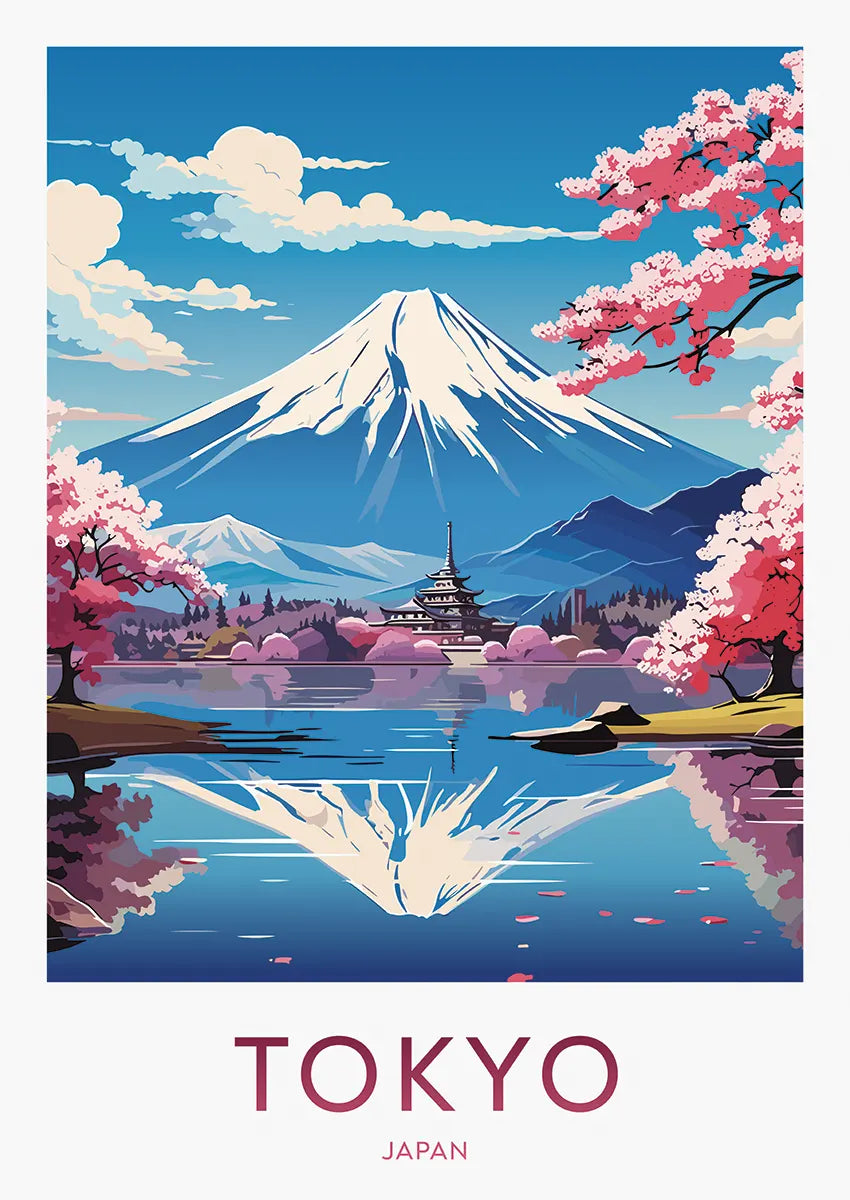 Tokyo cherry blossom poster with Mount Fuji and lake