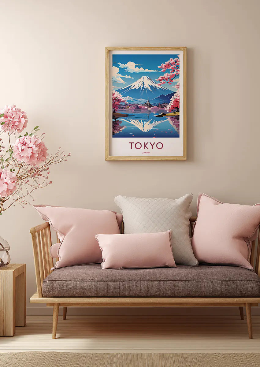 Japanese wall art print with sakura and pagoda reflection