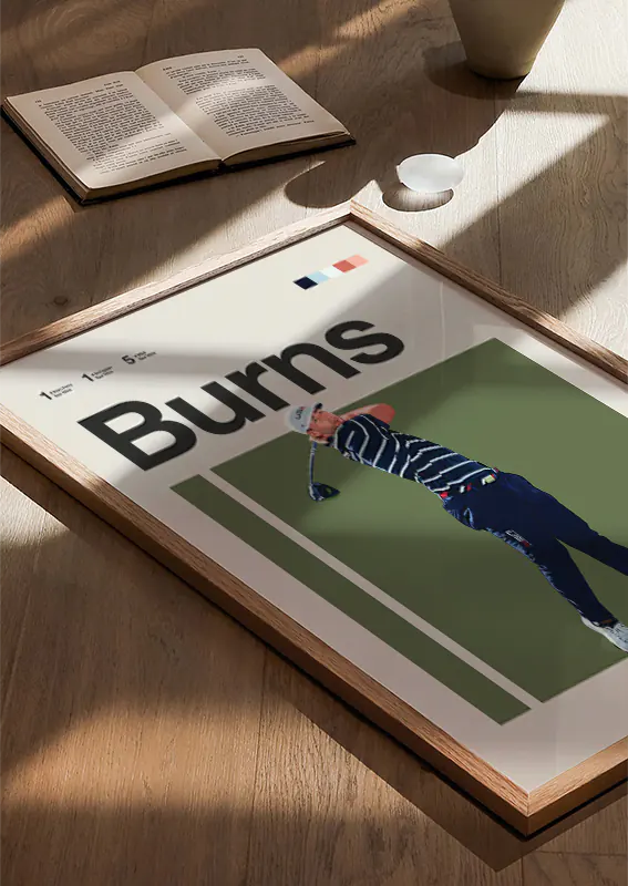 Minimalist sports poster of Sam Burns mid-swing pose