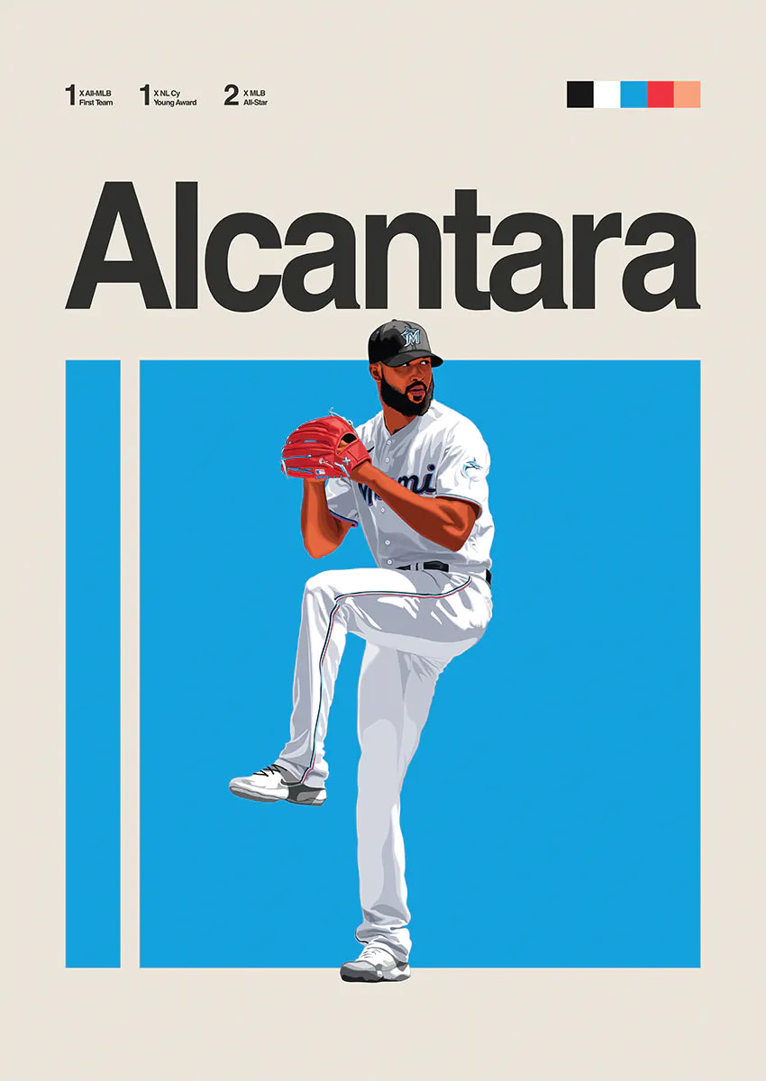 Sandy Alcantara baseball poster with blue background and pitching stance