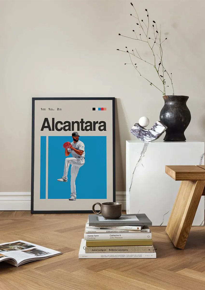Miami Marlins sports wall art featuring Alcantara mid-throw