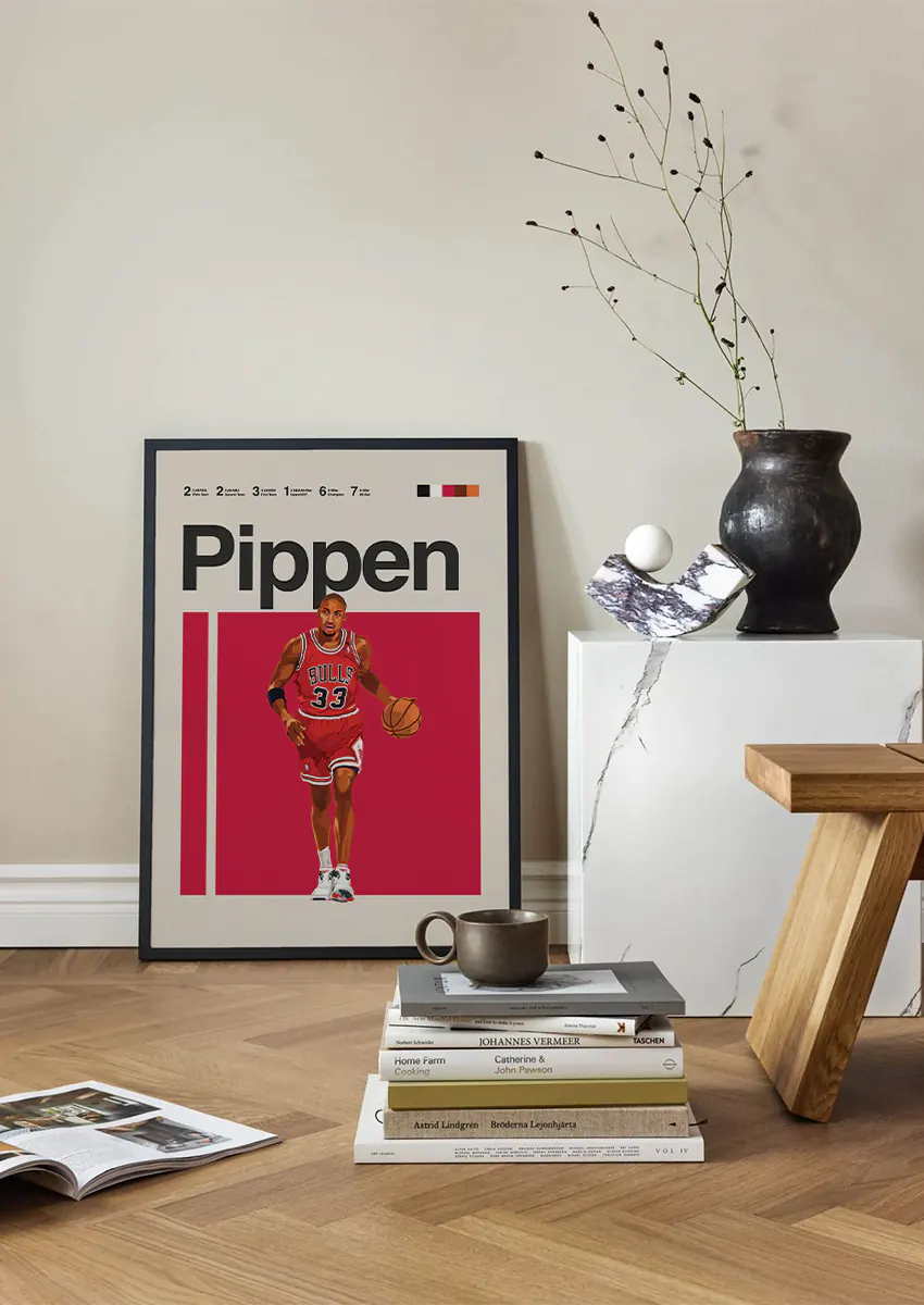 Bold red basketball artwork of Scottie Pippen