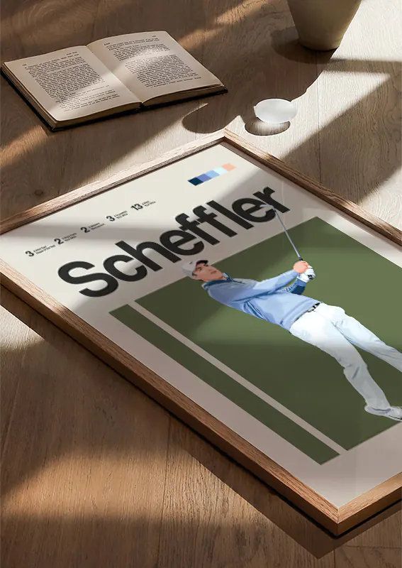 Scottie Scheffler minimalist sports print with clean blue palette