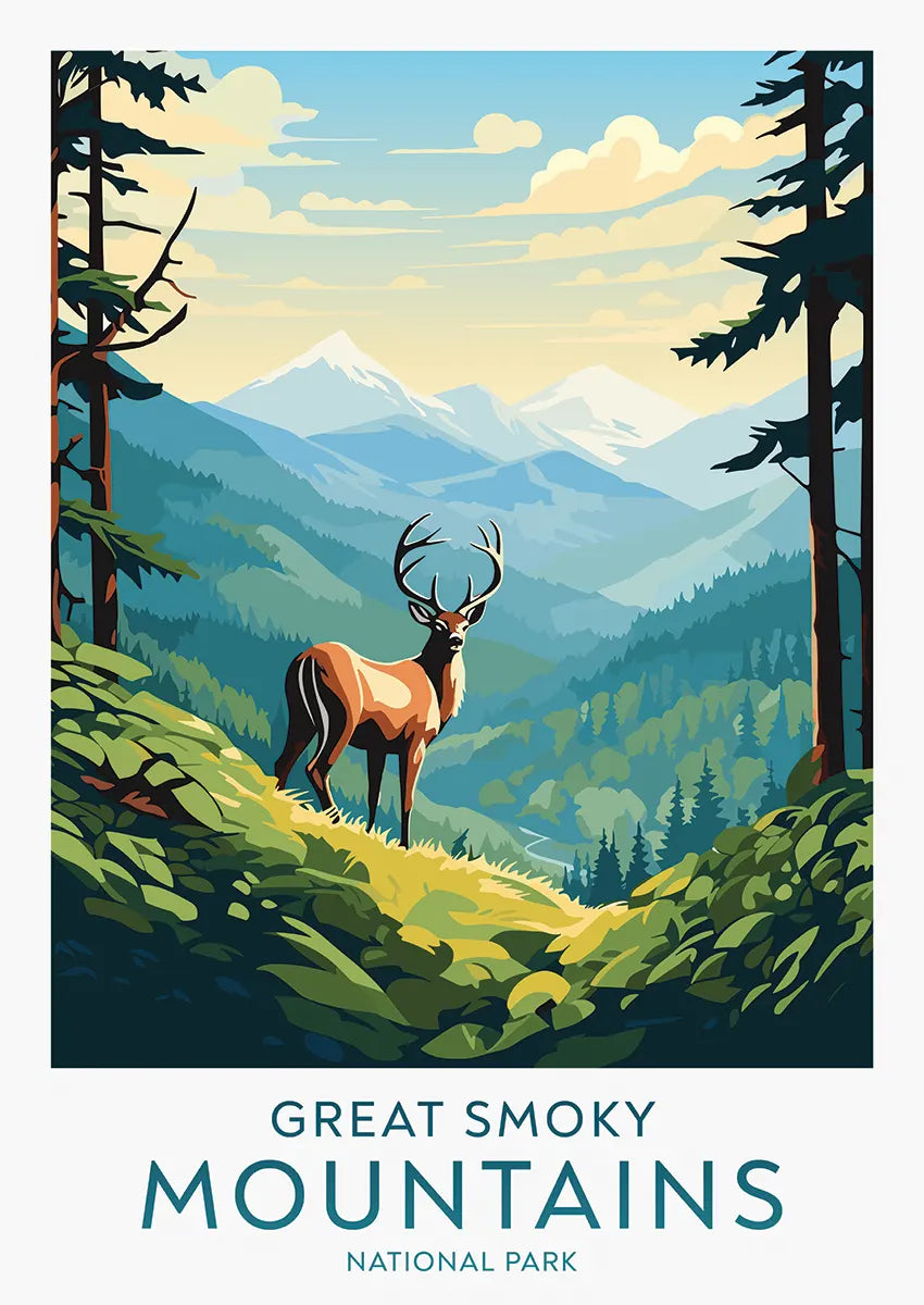 Great Smoky Mountains poster with deer and misty hills