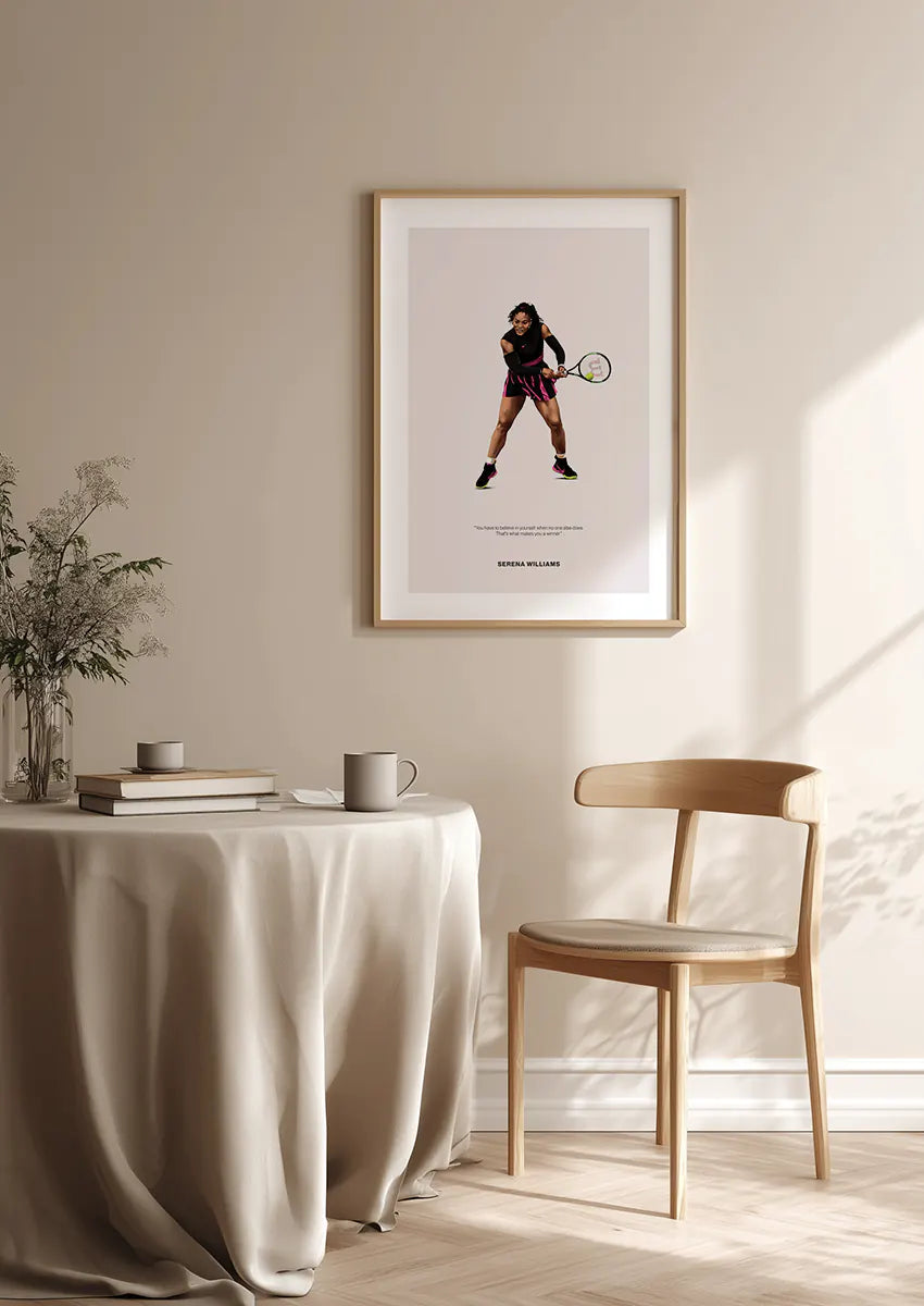 Empowering wall art of Serena Williams in black and pink tennis gear