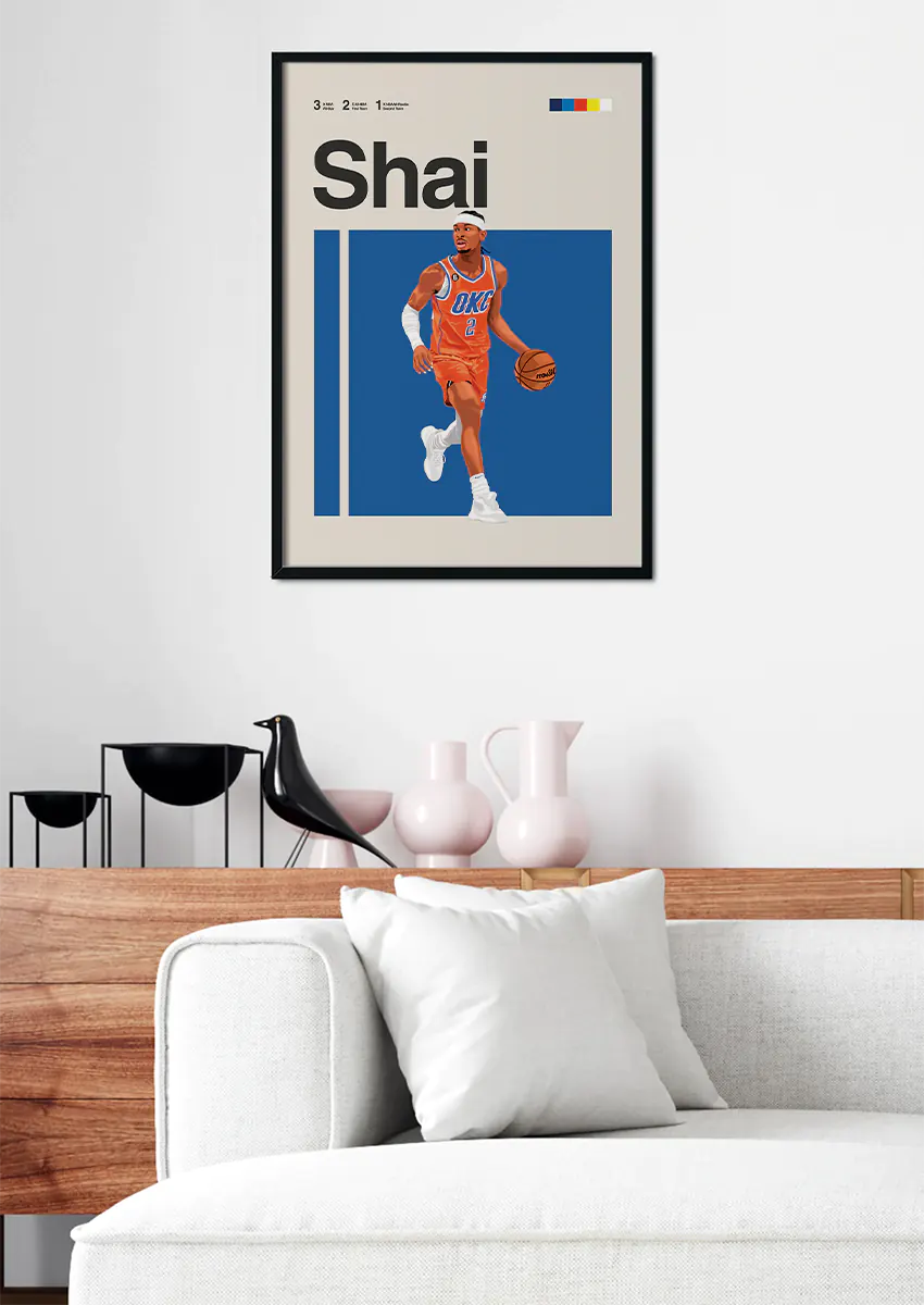 nba basketball poster of shai gilgeous-alexander in orange jersey