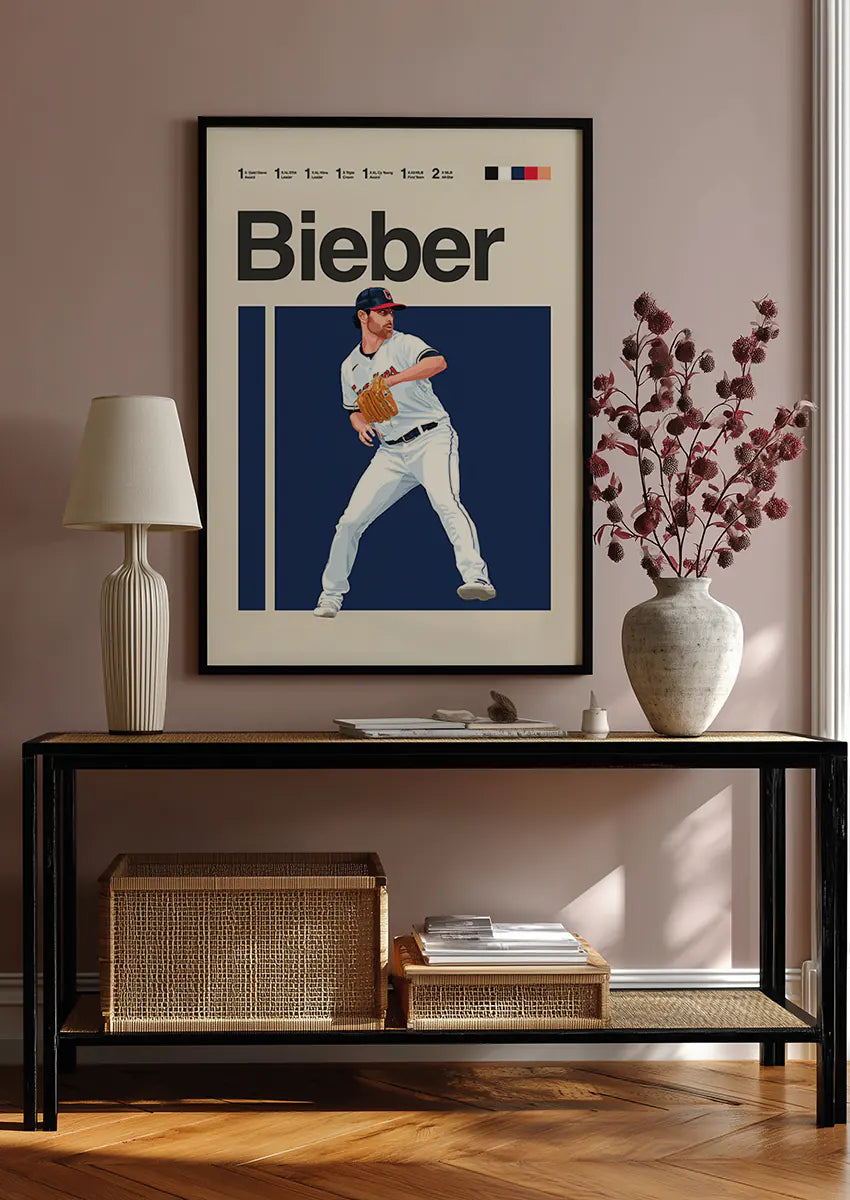 Modern baseball wall art of Shane Bieber mid-pitch
