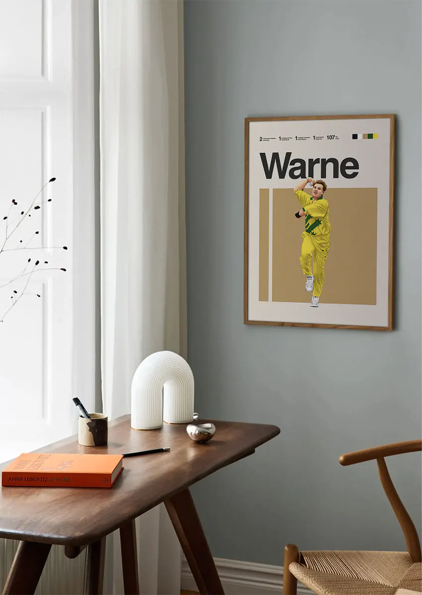 cricket wall art shane warne bowling in yellow kit