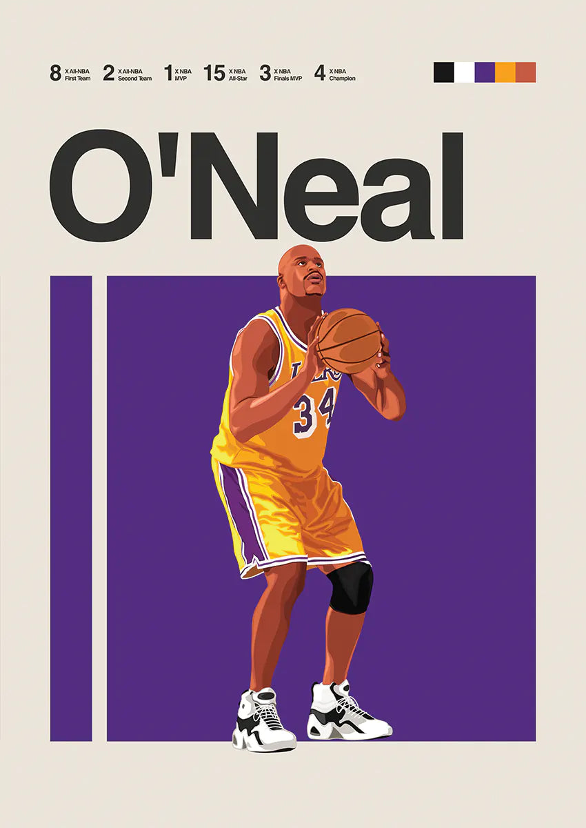 Shaquille O'Neal Lakers poster in bold yellow and purple