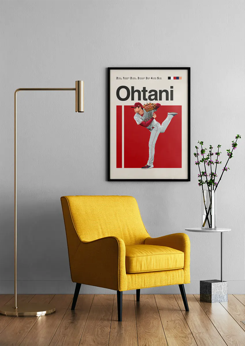 Modern baseball wall art of Shohei Ohtani mid-pitch