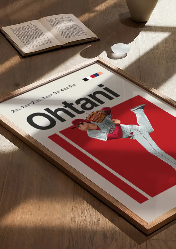 Red background sports poster of Shohei Ohtani from the Angels