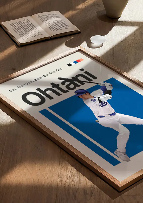 Baseball print of Shohei Ohtani in white Dodgers uniform with blue background