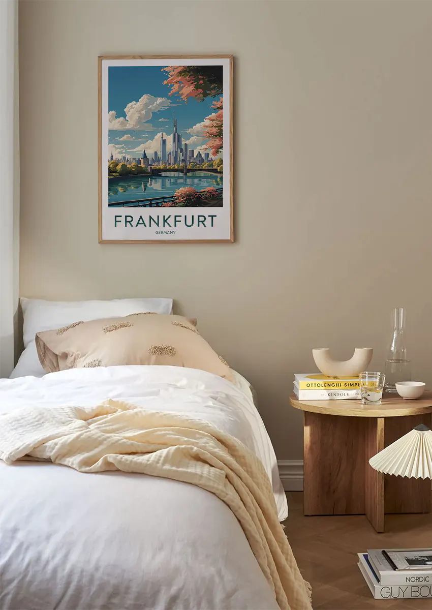 Modern travel print featuring Main River, skyscrapers, and trees