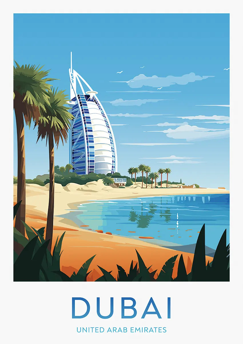 Dubai travel poster with Burj Al Arab and beach