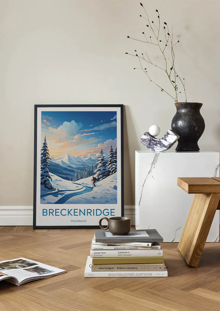 Winter mountain poster featuring pine trees and Rocky Mountain peaks