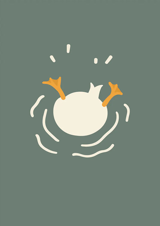 Funny duck diving poster with webbed feet and splash on green background