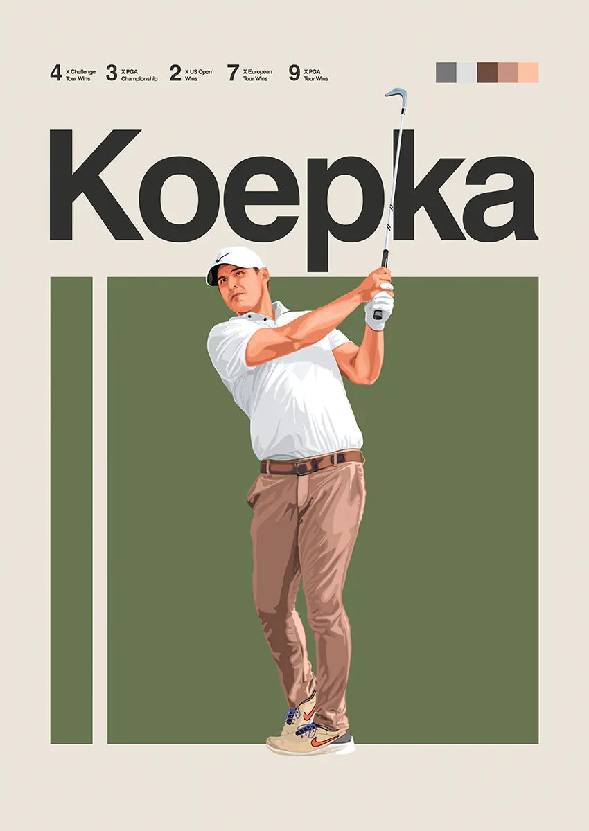Brooks Koepka poster of golfer in white shirt and brown pants with olive green background