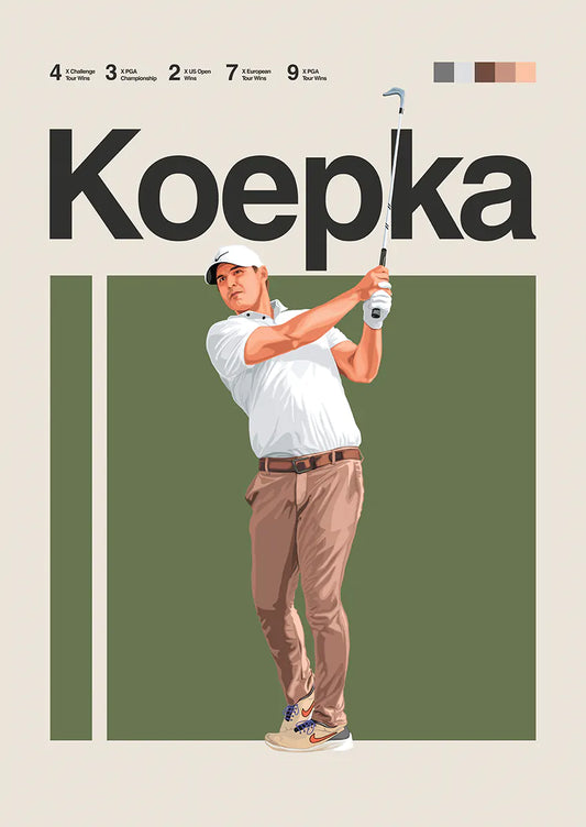 Brooks Koepka poster of golfer in white shirt and brown pants with olive green background