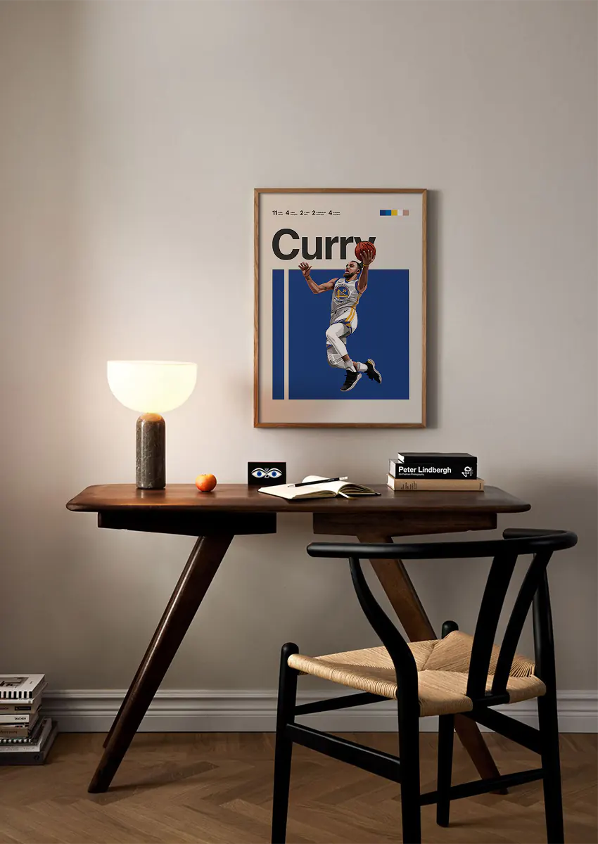 nba action poster featuring stephen curry jumping with ball