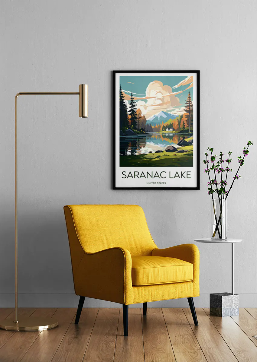peaceful New York lake wall art featuring cozy cabins and fall trees