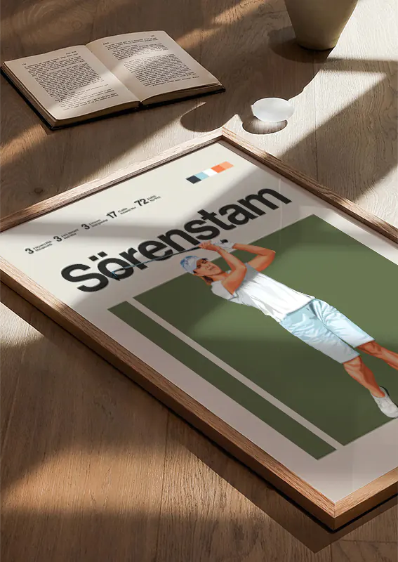 golf wall art for sports fans featuring female athlete in stylish white-blue outfit