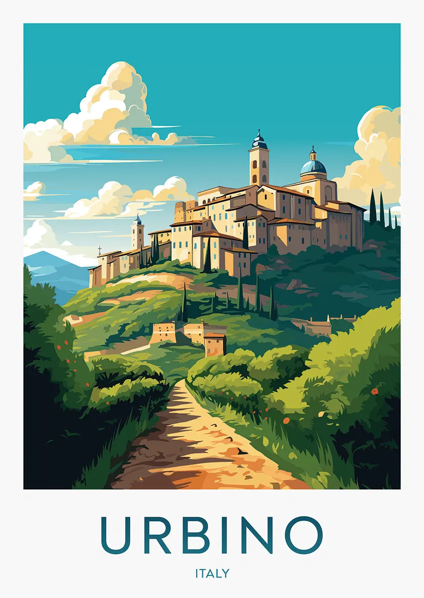 Urbino Italy poster with hillside village and Renaissance skyline
