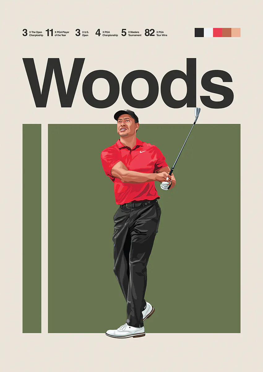 Tiger Woods poster in red shirt mid-swing with olive green and beige background