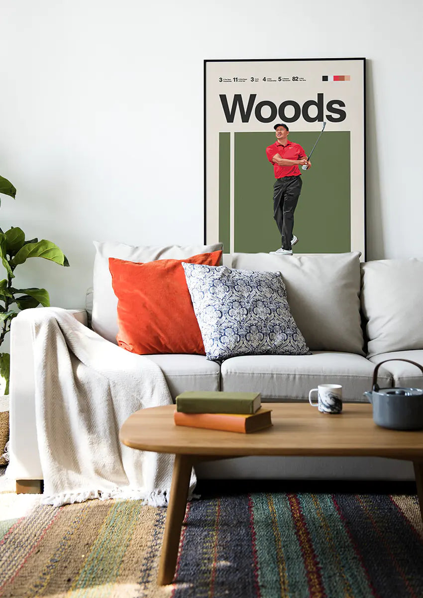 iconic golf wall art of Tiger Woods in his signature black pants and cap
