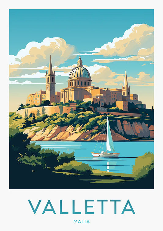 Valletta Malta travel poster with sailboat and domed skyline