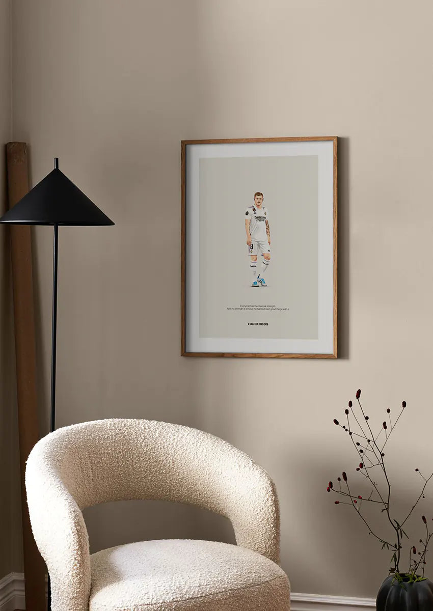 Minimalist soccer print of midfield legend in white kit