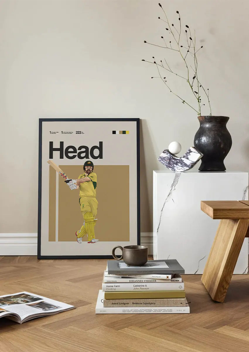 cricket wall art travis head swinging bat in yellow kit