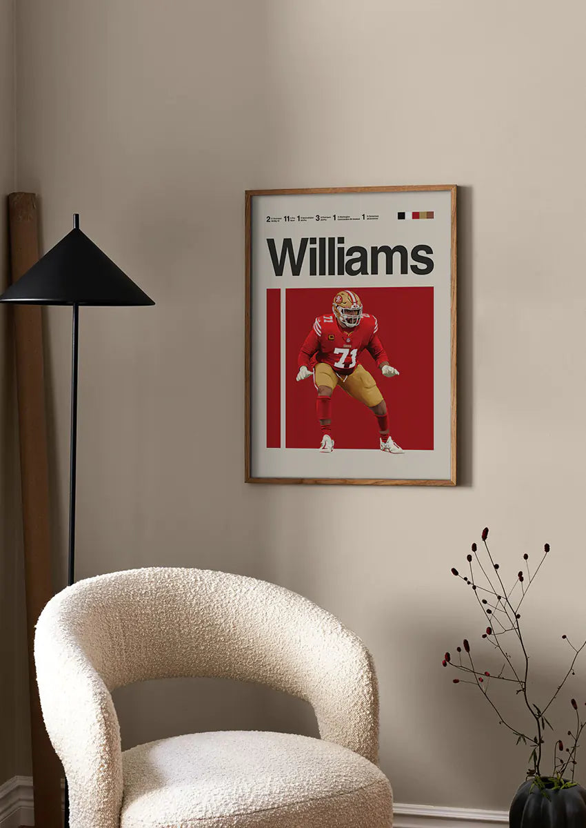 NFL wall art of offensive lineman Trent Williams in bold red and gold