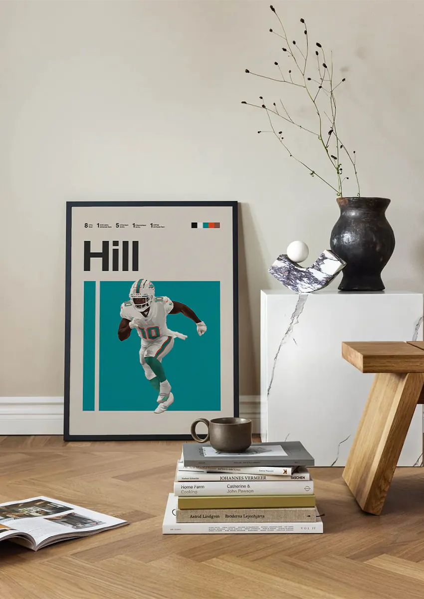 NFL wall art showcasing Tyreek Hill's speed and teal Miami colors