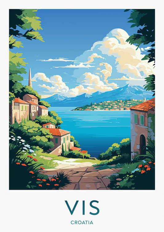 Vis Croatia print featuring scenic Adriatic coastline and island village