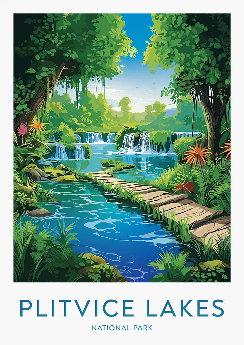 Plitvice Lakes Croatia travel poster with waterfalls and turquoise water