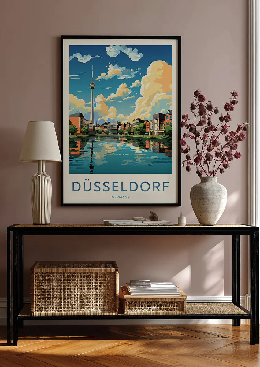 Modern cityscape art featuring Rheinturm tower and reflections