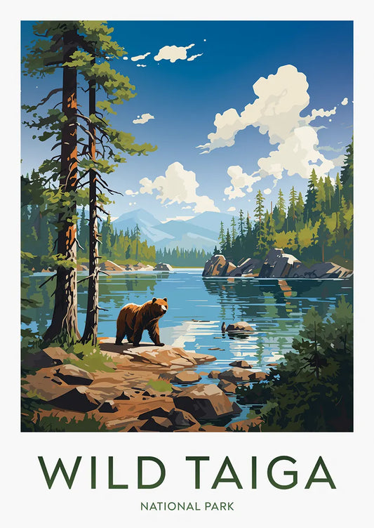 Wild Taiga National Park print featuring bear and pine forest by mountain lake