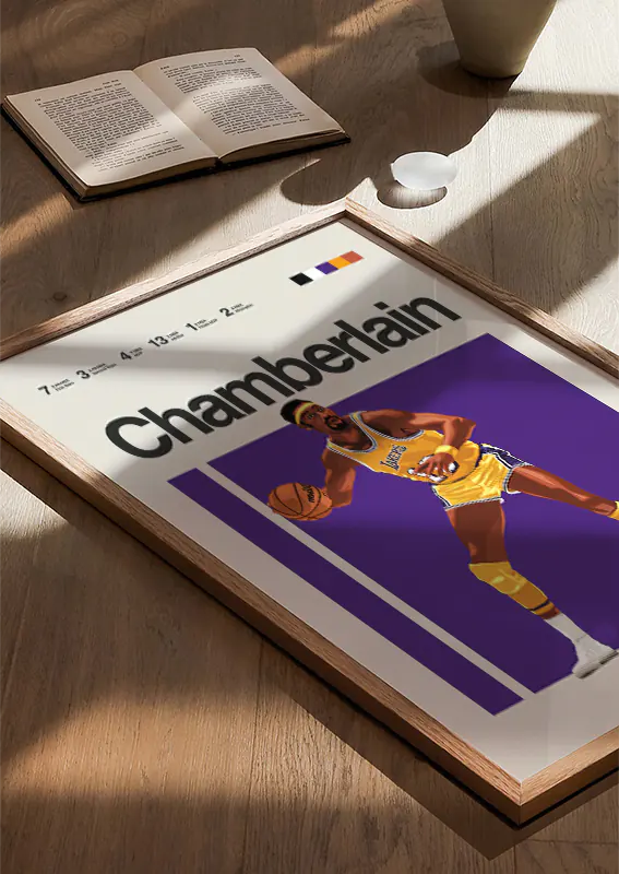 Illustrated sports wall art of Wilt Chamberlain mid-play