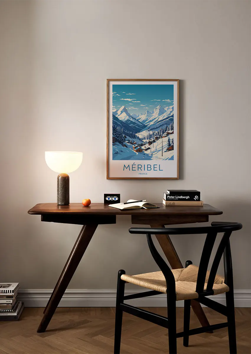 france winter wall art print featuring snowy chalets and pine forest