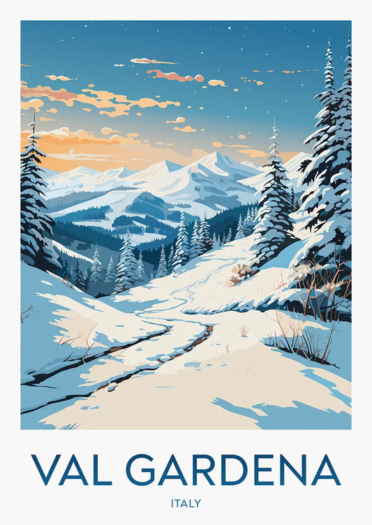 Val Gardena Italy poster with snowy mountain trail and Dolomites