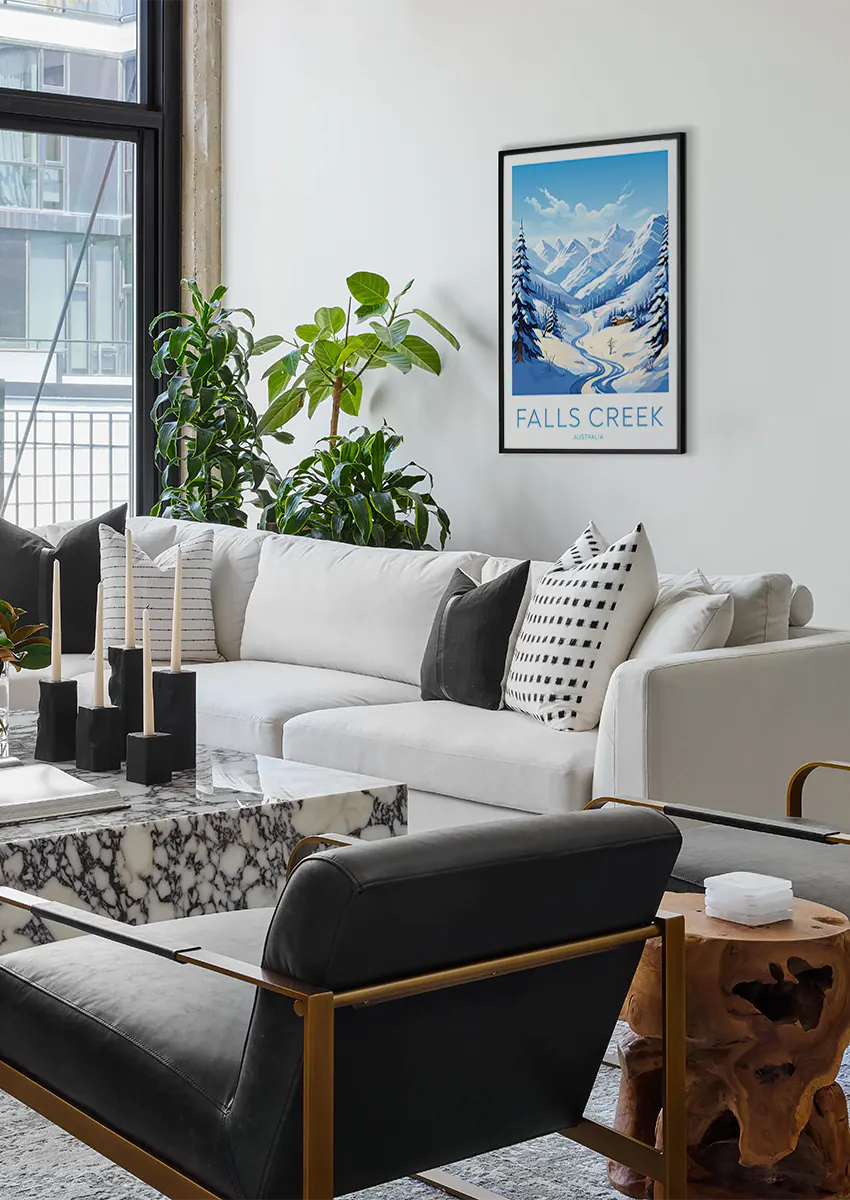 Winter Australia wall art featuring chalets and white slopes