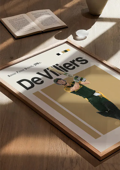 AB De Villiers print showing batting form and green-gold colors