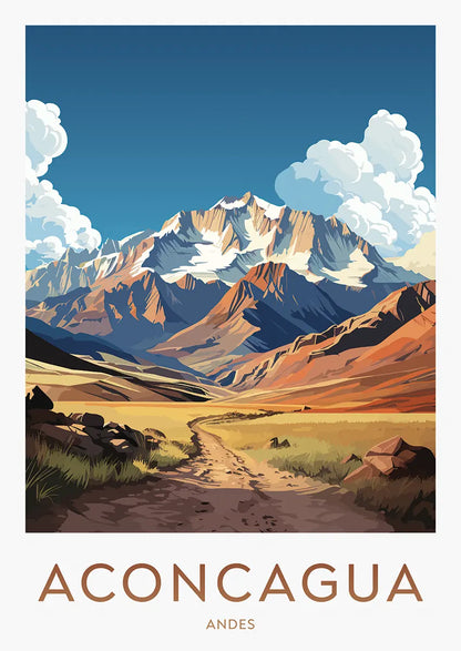 Aconcagua mountain print with winding path and blue sky in Argentina