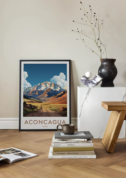 Andes travel poster featuring Aconcagua peak and scenic hiking trail